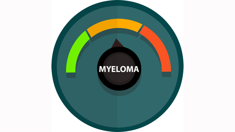 An animation showing a dial with green, amber and red risk levels for myeloma